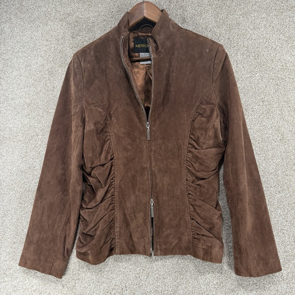 Y2K Metrostyle Brown Leather Women's Jacket Sz 10 Ruched Fitted Two Way Zip Moto